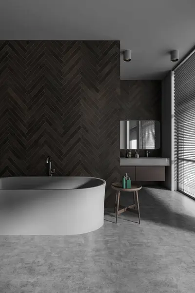 Interior Banheiro Moderno Com Paredes Pedra Cinza Escura Piso Concreto — Fotografia de Stock