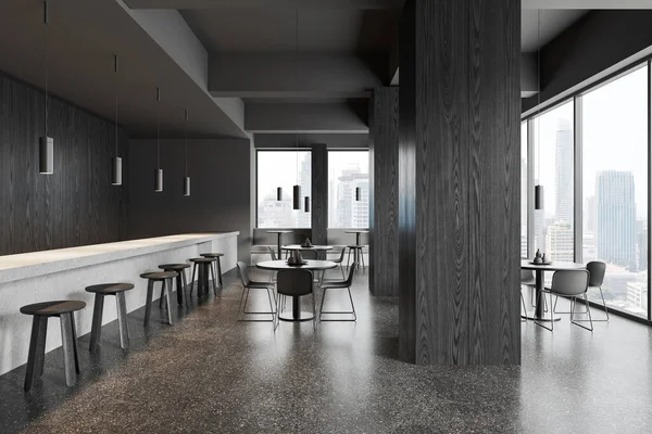 Dark restaurant interior with chairs and round table in row, bar counter with stool on grey granite floor. Black wooden column and sofa, panoramic window on New York skyscrapers. 3D rendering