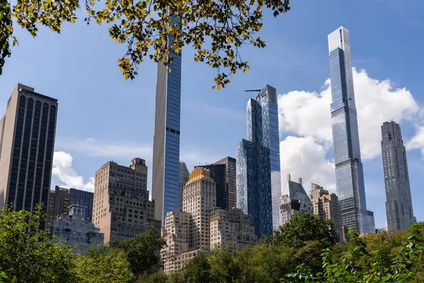 Нью Йоркский Центр Зеленые Деревья Центральном Парке Облачным Небом Здания — стоковое фото