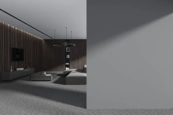 Interieur Eines Stilvollen Wohnzimmers Mit Grauen Und Dunklen Holzwänden Teppichboden — Stockfoto