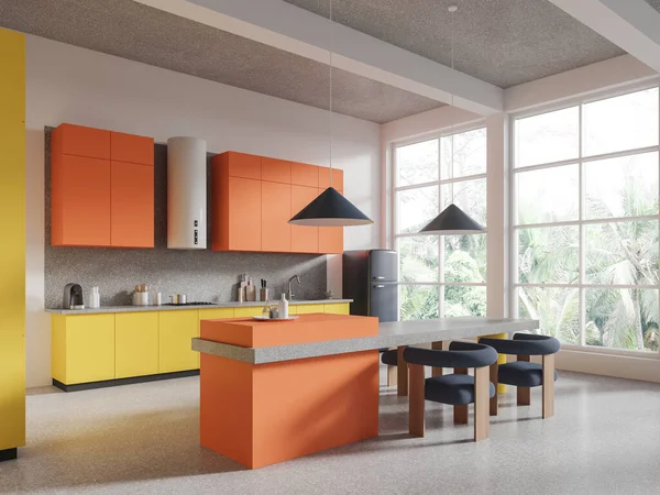 Orange and yellow hotel kitchen interior with island and chairs, side view light granite floor. Stylish cabinet with kitchenware and fridge, panoramic window. 3D rendering