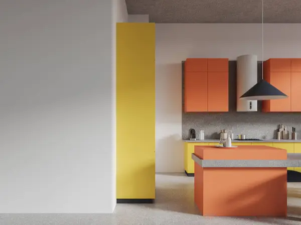 Innenraum Der Modernen Küche Mit Weißen Wänden Betonboden Orangefarbenen Schränken — Stockfoto