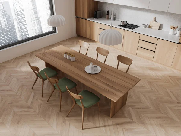 Top View Wooden Home Kitchen Interior Dining Table Chairs Hardwood — Stock Photo, Image