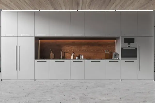 Light Grey Metallic Kitchen Interior Shelves Cabinet Appliances Grey Concrete — Stock Photo, Image