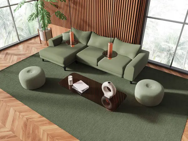 Top view of wooden relax room interior with green sofa and coffee table, carpet on hardwood floor. Stylish meeting or relax corner near panoramic window on tropics. 3D rendering