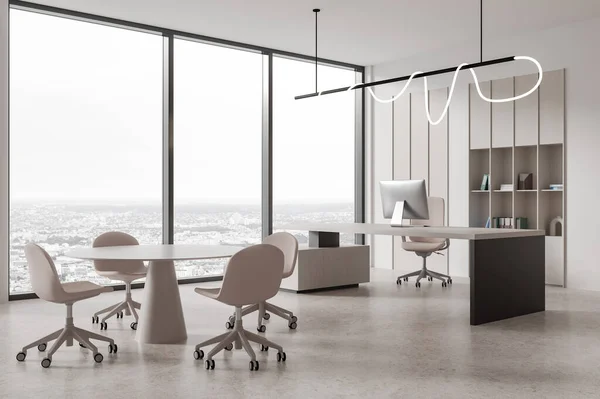 Corner of stylish CEO office with white walls, concrete floor, massive CEO desk, light wooden bookcase and round table with chairs standing near panoramic window. 3d rendering