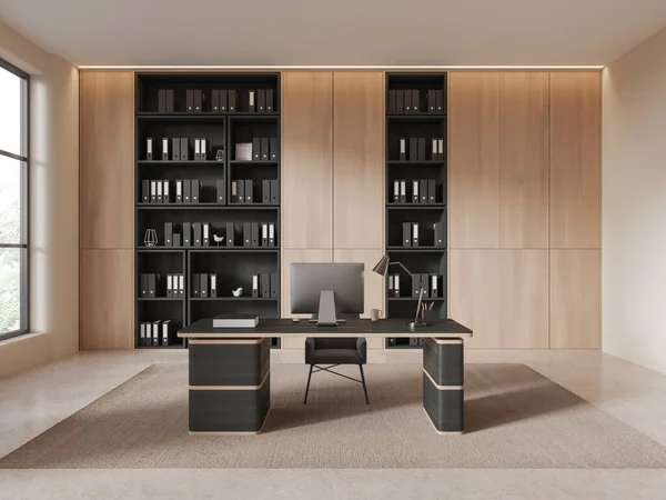 Wooden office interior with pc computer on desk, armchair on carpet, beige concrete floor. Stylish consulting business room with workspace and panoramic window on tropics. 3D rendering