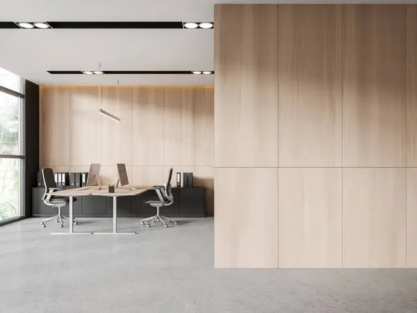 室内时尚的开放空间办公室 有木制墙壁 混凝土地板 木制计算机桌子 椅子和复制空间墙壁在右边 3D渲染 — 图库照片