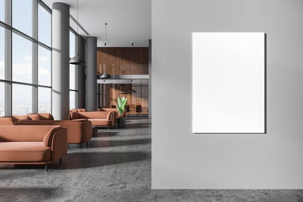 Dark office room interior with chill and glass conference room, minimalist lobby with brown sofa in row and panoramic window on New York city view. Mockup canvas poster on partition. 3D rendering
