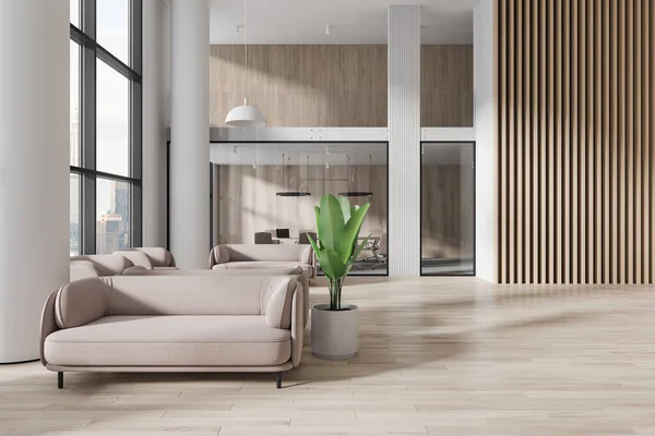 Cozy minimalist business room interior with relax and glass conference room, office lobby with beige sofa and panoramic window on Kuala Lumpur. 3D rendering