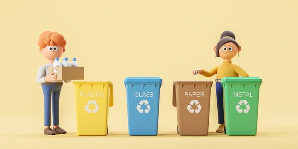 Cartoon character man and woman sorting garbage, standing near colorful trash cans in row for different types of material. Concept of separate waste collection and recycle. 3D rendering illustration