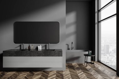 Paris gökdelenlerinde iki lavabo, küvet, bölme ve panoramik pencere olan karanlık ev banyosu. Süslü ve aksesuarlı banyo. 3B görüntüleme