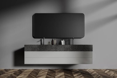 Karanlık ev banyosu, çift lavabo, ayna ve granit kaplama minimalist aksesuarlar. Modern apartmanda parke zemini olan bir banyo alanı. 3B görüntüleme