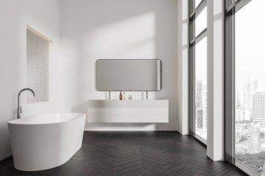 Modern banyo, beyaz duvarlar, ahşap zemin, rahat beyaz küvet ve büyük pencerenin yanında asılı büyük aynalı rahat çift lavabo. 3d oluşturma