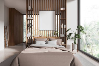 Konforlu otel iç kısımları, yatak ve küvetin arkasında bölme, uyku ve banyo alanı, tropik bölgelerde panoramik pencereler. Tuvalin maketi posteri. 3B görüntüleme