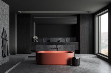 Lüks ev banyosu, banyo küveti, gri beton zemin üzerinde aksan duvarı. Aksesuarlı iki lavabo. Kırsal alanda panoramik pencere. 3B görüntüleme