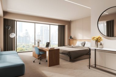 Bej rengi otel odasının içi yataklı, yan manzaralı iş yeri ve kanepeli sandalye. Süslü uyku ve iş köşesi, New York gökdelenlerinin panoramik penceresi. 3B görüntüleme