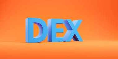 Turuncu arka planda büyük DEX harfleri, geniş format. Yerel takas ve kripto para birimi. Para ticareti ve engel zinciri kavramı. 3B resimleme