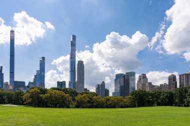 New York gökdelenleri, Central Park 'taki ağaçlı yeşil çimenler. Megapolis 'te ve finansal ticaret merkezinde yaşam tarzı. İş ve şehir merkezi kavramı