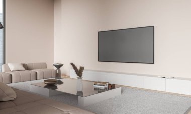 Bej renkli oturma odasının içi kanepe, yan görüş televizyon konsolu sehpa ve dekorasyonla dolu. Lüks minimalist tasarım dairede rahatlama yeri. 3B görüntüleme