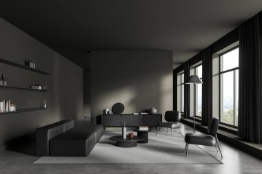Karanlık ev oturma odasının içi deri kanepe ve büfeli koltuklar gri beton zeminde halı. Kırsal kesimde panoramik pencereli süslemeli raflar. 3B görüntüleme