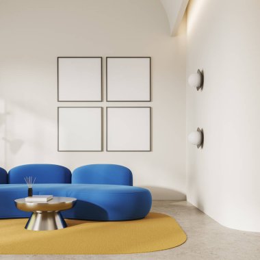 Renkli oturma odasının iç tarafı kanepe, kahve masası halı üzerinde şık dekorasyon ve beton zemin. Konforlu salon alanı ve dört tane de sıra sıra dizilmiş tuval posterleri. 3B görüntüleme