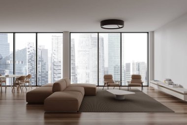 Beyaz oturma odasının içinde yemek masası ve sandalyeler, koltuğu ve koltuğu olan rahat bir yer. Singapur gökdelenlerinin panoramik penceresi. 3B görüntüleme