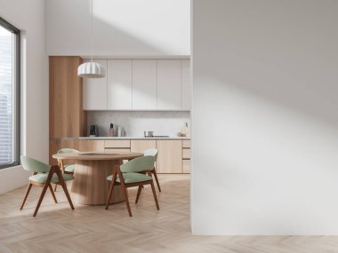 Beyaz ev mutfağı, yemek masası, sandalyeler, ahşap zemin. Dolaplı yemek odası ve gökdelenlerin panoramik penceresi. Uzay duvarının bölümlerini kopyala. 3B görüntüleme