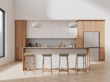 Bar tezgahı ve taburesi olan beyaz ve ahşap ev mutfağı, buzdolabı olan yemek dolabı, gökdelenlerin panoramik penceresinin yanında yer. 3B görüntüleme
