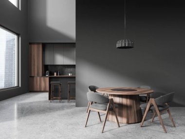 Karanlık ev mutfağı, yemek masası ve bar adası, gri beton zemin. Gökdelenlerde taburesi ve panoramik penceresi olan mutfak dolabı. 3B görüntüleme