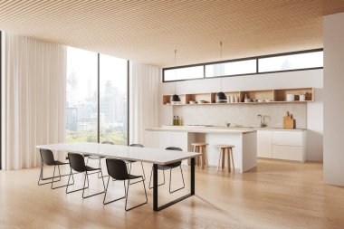 Modern ev mutfağı, yemek masası ve bar tezgahı, yan görüş. Mutfak eşyaları ve raflarla yemek pişirme köşesi. New York gökdelenlerinin panoramik penceresi. 3B görüntüleme