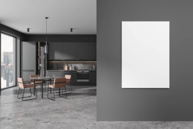 Gri duvarları, beton zemini, rahat gri dolapları ve dolapları, bej sandalyeli yuvarlak yemek masası ve sağında dikey maket posteri olan şık mutfağın içi. 3d oluşturma