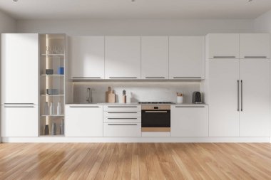 Beyaz duvarları, ahşap zemini, lavabosu, fırını ve rahat beyaz ve cam kapılı dolapları olan modern mutfağın içi. 3d oluşturma