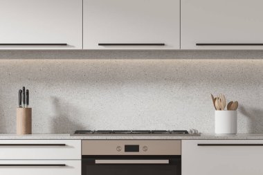 Beyaz duvarları, beyaz dolapları ve fırında pişirilmiş rahat beyaz dolapları olan modern mutfağın içi. 3d oluşturma