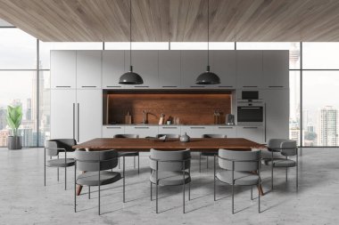 Yemek masası ve sandalyeler, fırın ve mutfak gereçleri, yemek odası ve Kuala Lumpur gökdelenlerinin panoramik penceresi olan şık bir ev mutfağı. 3B görüntüleme