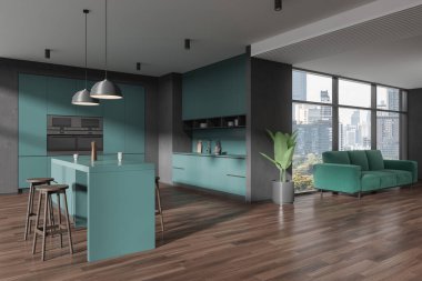 Dark Turquoise ev stüdyosu. Bar adası ve taburesi var. Yemek dolabı, New York gökdelenlerinin panoramik penceresinin yanındaki yan kanepede. 3B görüntüleme