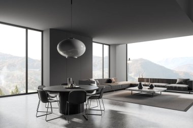Karanlık ev oturma odası, yumuşak bir yer, yan görüş, gri kanepe ve koltuklar. Kırsal kesimde panoramik penceresi olan modern bir salon köşesi. 3B görüntüleme