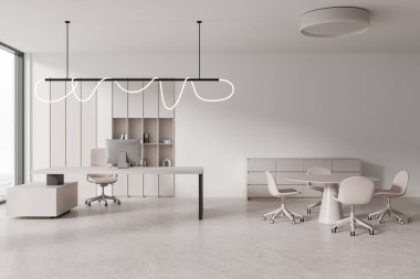 İçi bilgisayar masaüstüyle sıcak ceo odası ve sandalyeli toplantı masası, aydınlık beton zemin. Minimalist mobilyaları ve panoramik pencereleri olan şık bir iş yeri. 3B görüntüleme