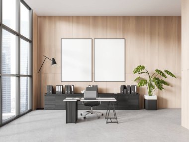 Ahşap duvarları, beton zemini, dizüstü bilgisayarı ve iki tane de dikey maketi olan şık CEO ofisi. 3d oluşturma