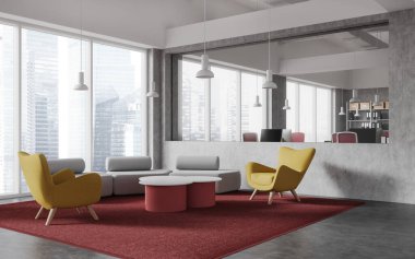 Koltuğu, koltuğu ve yan manzaralı bekleme yeri olan endüstri bürosu. Cam bölümün arkasındaki ortak çalışma köşesinde sıra dizili bilgisayar ve Singapur 'da panoramik pencere var. 3B görüntüleme