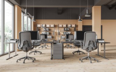 Ofis içi sandalye, bilgisayar monitörleri, ahşap döşeme. Tropiklerde rafı ve panoramik penceresi olan minimalist ofis işyeri. 3B görüntüleme