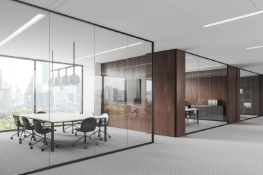 Beyaz ve ahşap cam toplantı koltukları ve pansiyonları var, duvarda da da televizyon var. Minimalist konferans köşesi ve New York gökdelenlerinin panoramik penceresi. 3B görüntüleme