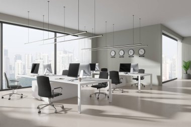 Beige office interior with armchairs and pc computers on table, side view beige concrete floor. Stylish work corner with world clock and panoramic window on Singapore city view. 3D rendering clipart