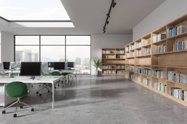 Beyaz ofis içi, çalışma alanı sandalyeler, gri beton zemin. Kütüphanede kitaplık ve kitaplarla ders çalışmak. Kuala Lumpur gökdelenlerinin panoramik penceresi. 3B görüntüleme