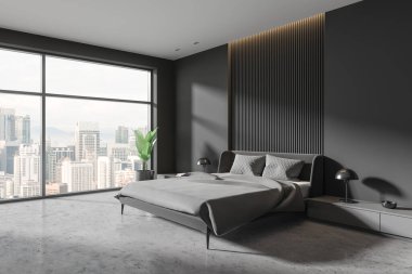 Gri duvarları, beton zemini, iki gri komodinli kral yatağı ve şehir manzaralı büyük pencereli şık yatak odasının köşesi. 3d oluşturma