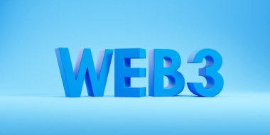 Geniş format mavi arkaplanda büyük web 3 harfleri. Gelecek nesil World Wide Web. Merkezi olmayan bilgi kavramı ve dağıtılmış sosyal ağ. 3B resimleme