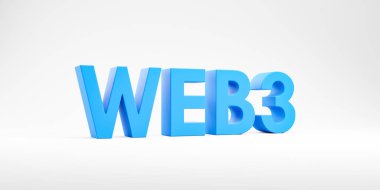 Geniş format beyaz arka plan, kenar görünüm üzerinde büyük web 3.0 harfleri. Gelecek nesil World Wide Web. Merkezi olmayan bilgi kavramı ve dağıtılmış sosyal ağ. 3B resimleme