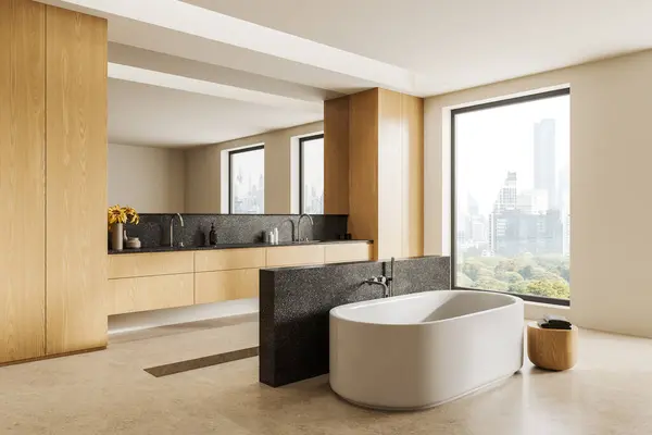 奢华的家居浴室内部有浴缸 侧面有花岗岩口音墙 双水槽配饰和木制虚荣 纽约摩天大楼的全景窗户 3D渲染 — 图库照片