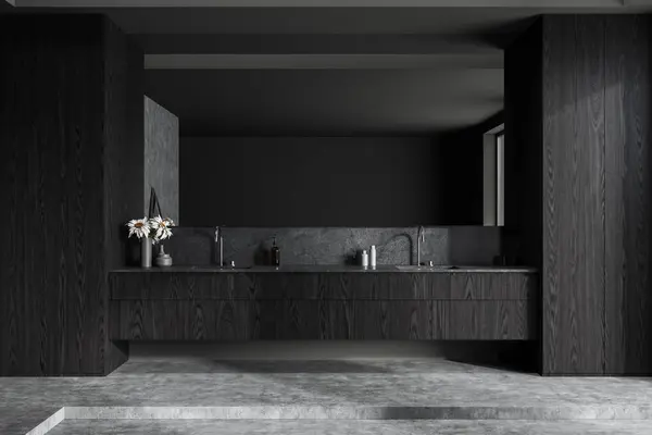 Interior Casa Banho Elegante Com Paredes Madeira Cinza Escura Piso — Fotografia de Stock