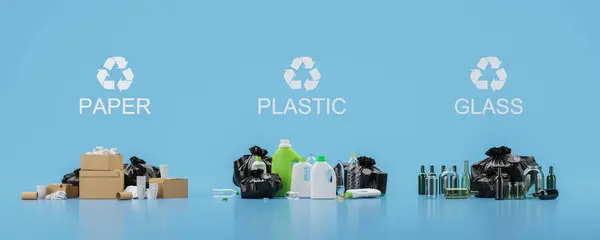 プラスチック ガラス シンボル リサイクルバナーのためのゴミの選択 廃棄物の分類 異なるゴミとエコロジーの概念 3Dレンダリングイラスト — ストック写真